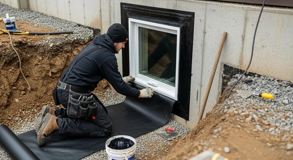 Technician applying waterproofing around an egress window to enhance safety
