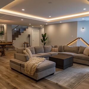 Stylishly remodeled basement showcasing modern furniture and warm lighting