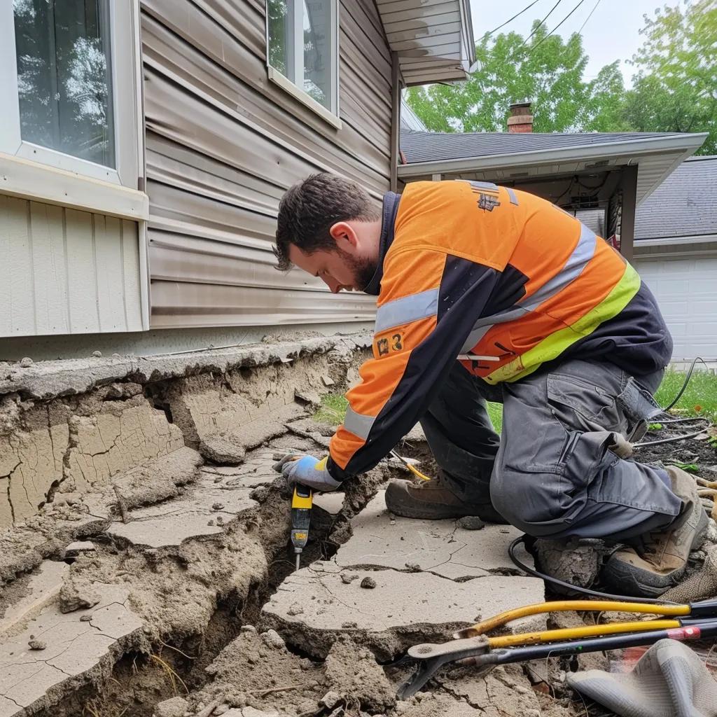 Foundation repair technician inspecting a home's foundation in Lansing, MI