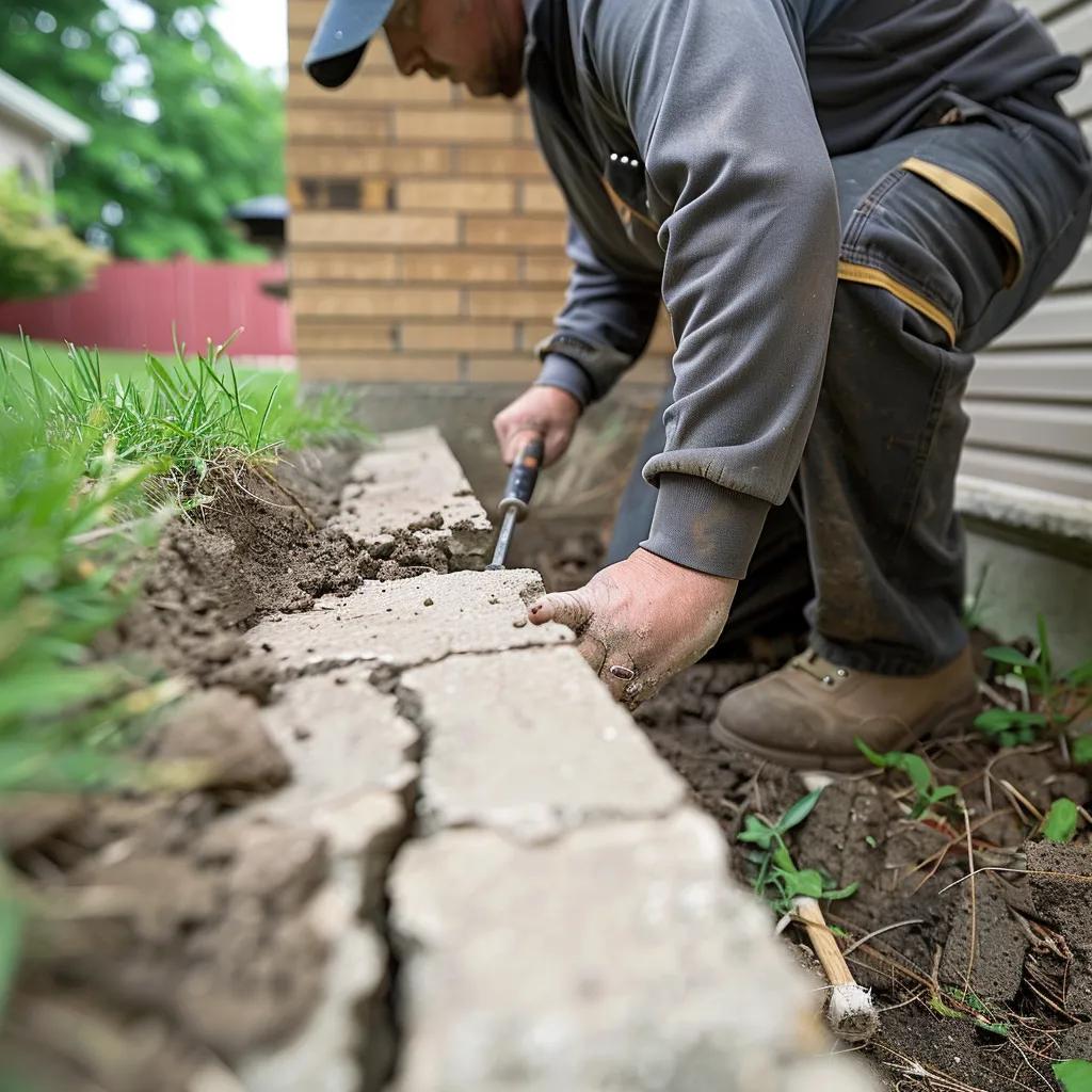 Foundation repair technician inspecting residential foundation in East Lansing