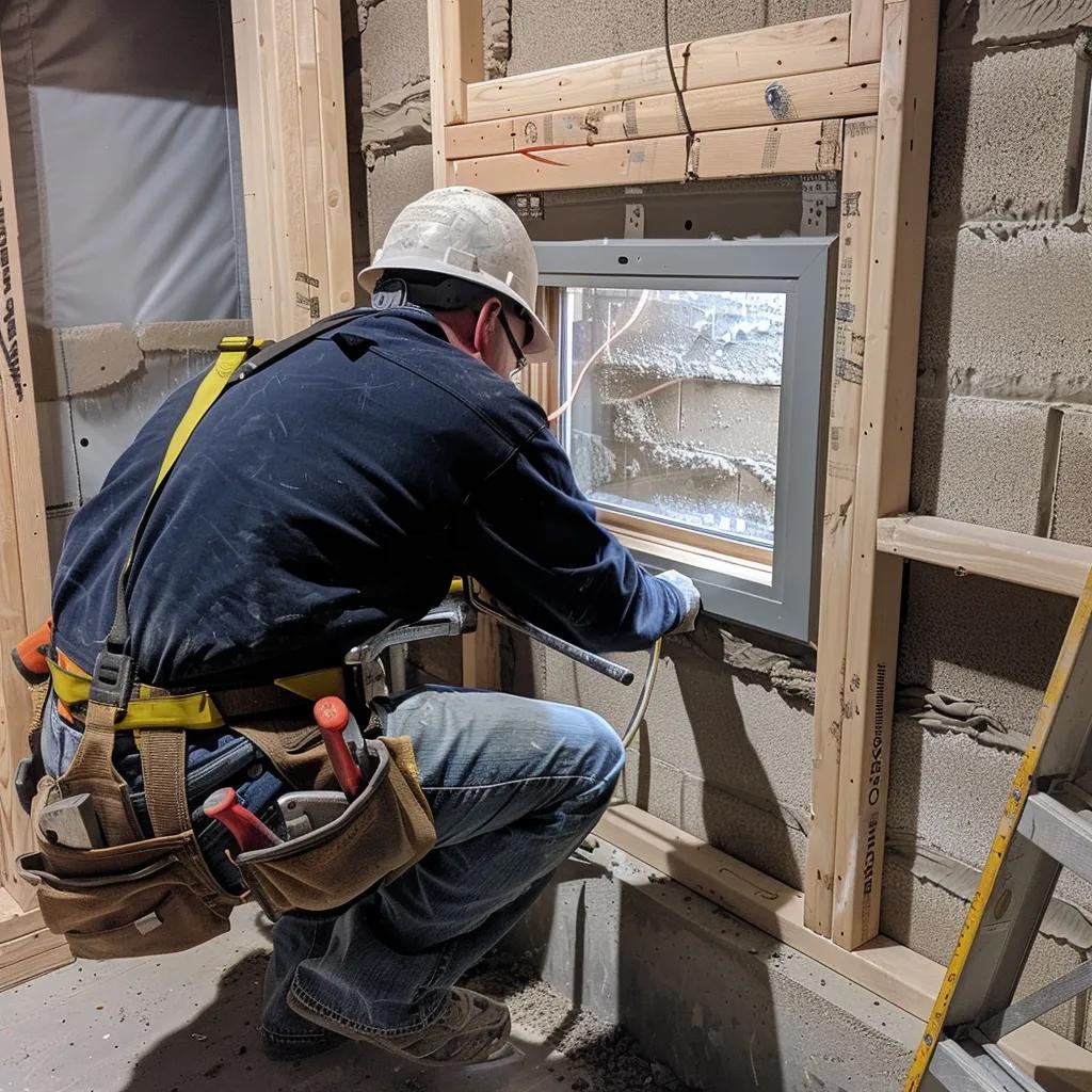 Professional installing an egress window in a basement, showcasing the installation process