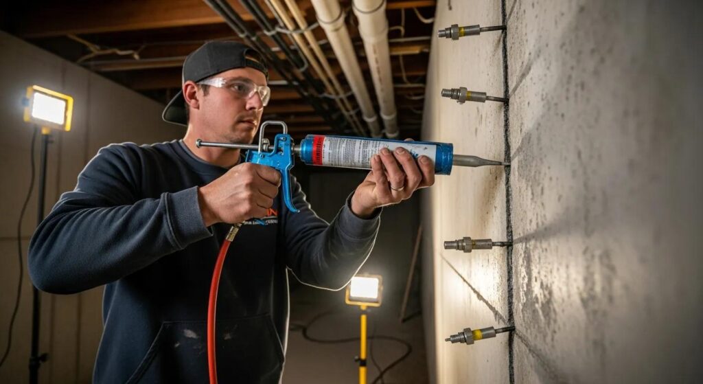Technician applying epoxy injection to repair foundation cracks