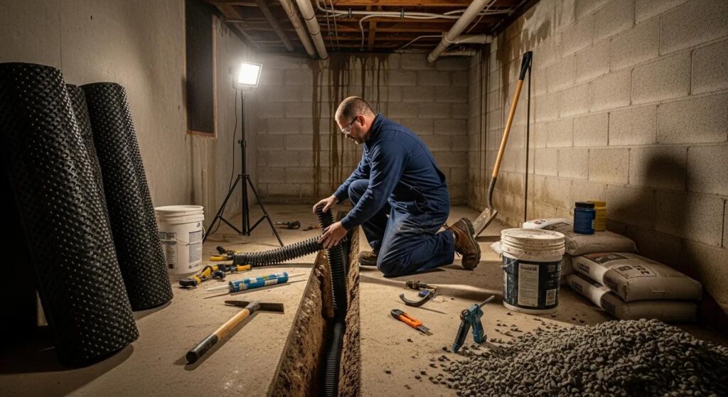 Professional installing basement waterproofing solutions in an Okemos residential basement with tools and materials