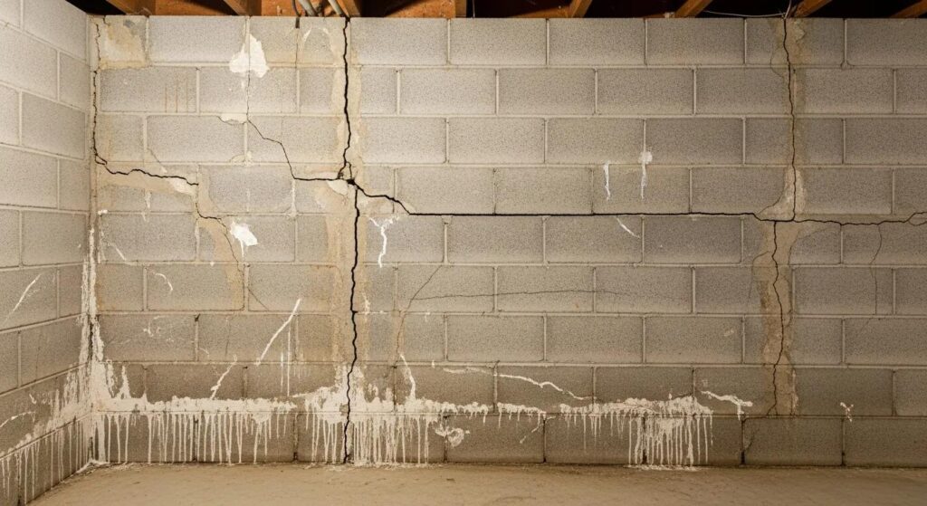 Different types of basement cracks in a basement block wall indicating structural issues