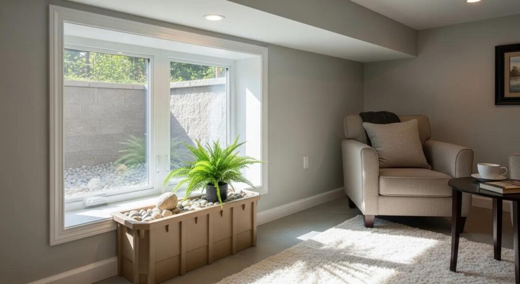 Finished basement with new egress window installed below grade adding natural light, safety, and livable space