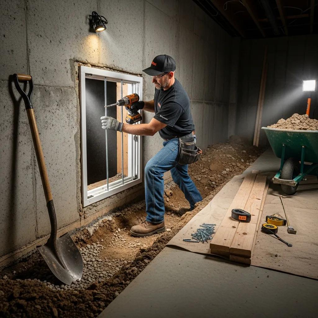 Contractor installing egress window in basement with tools and materials
