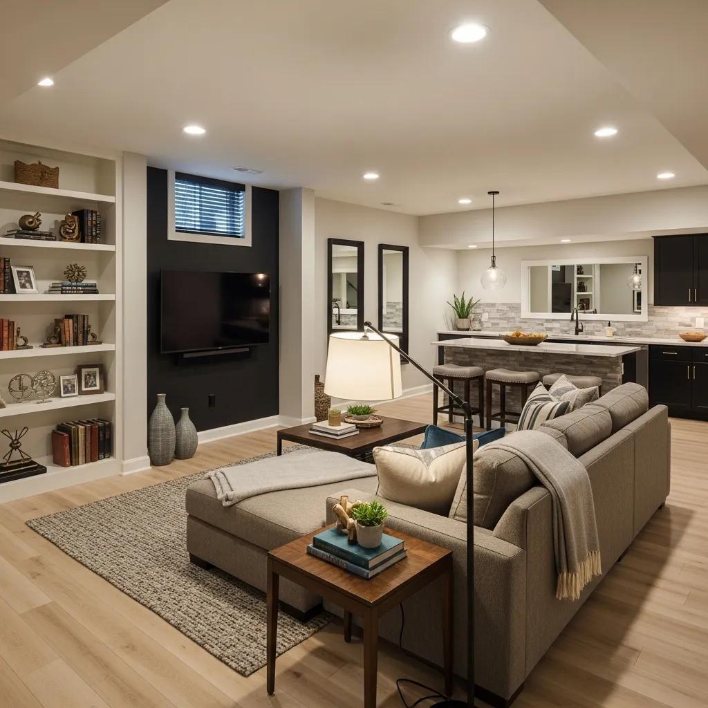Cozy remodeled basement showcasing stylish furniture and warm lighting