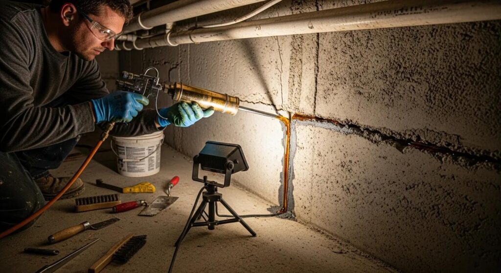 Technician applying epoxy for foundation wall crack repair