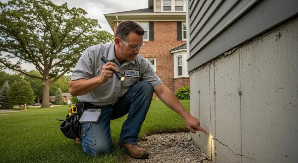 Foundation repair technician inspecting a residential foundation in Okemos