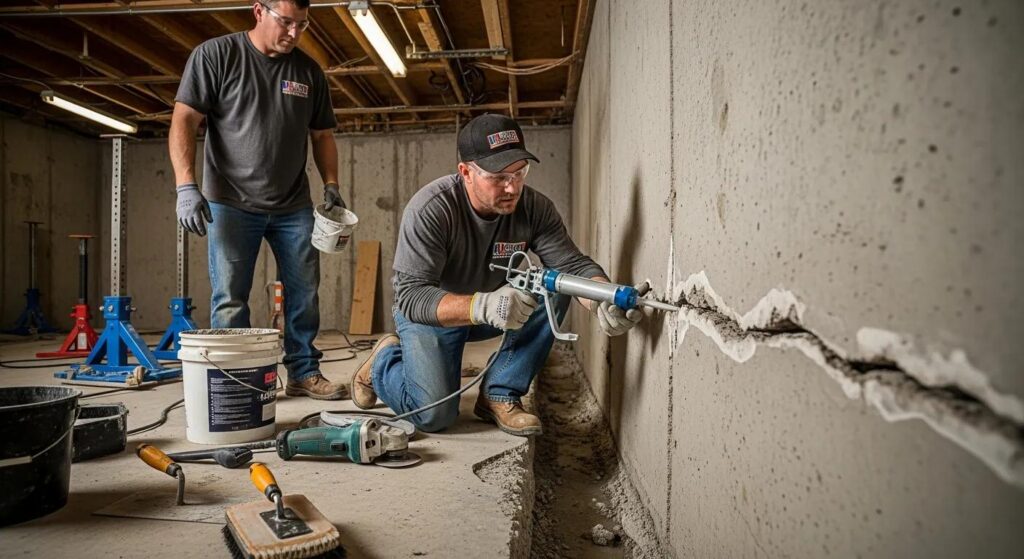 Foundation repair professionals performing crack repair and stabilization services