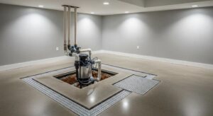 Modern basement waterproofing setup with sump pump and drainage system