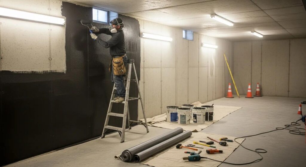Contractor applying waterproofing methods in a residential basement setting