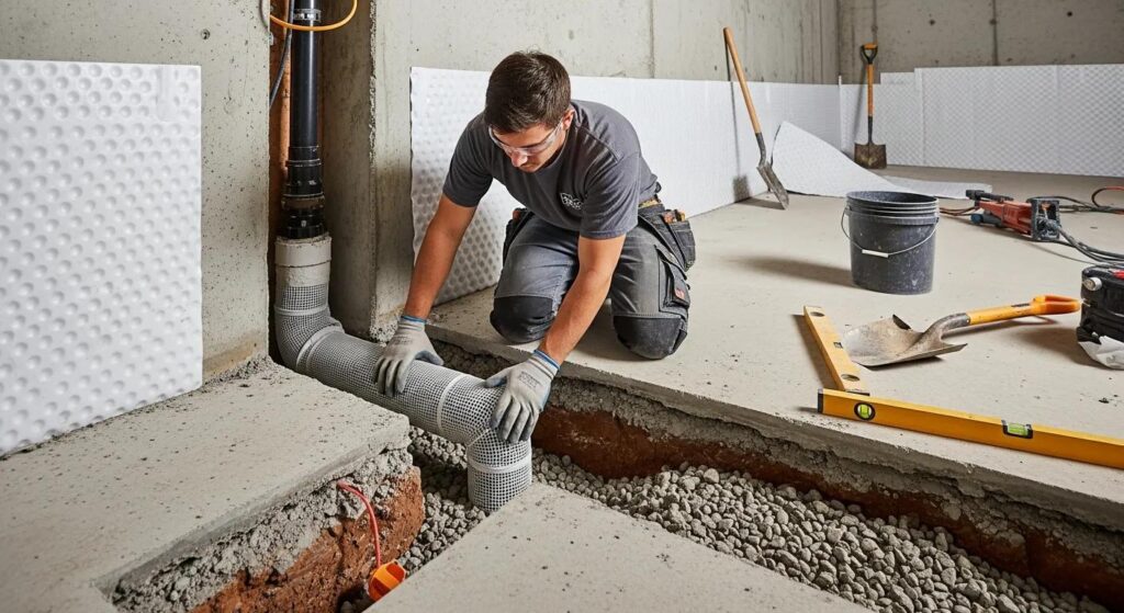 Technician installing an interior tile drainage system for basement waterproofing