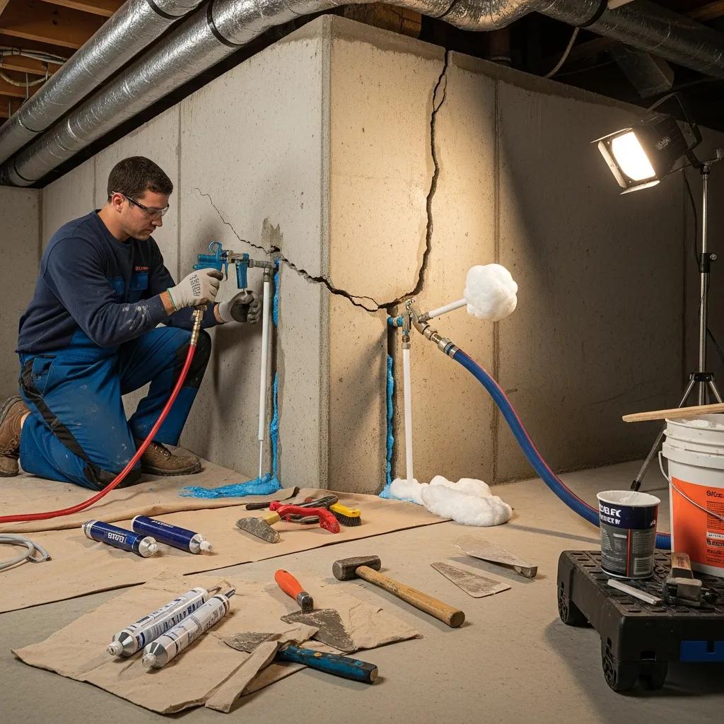 Foundation crack repair methods being applied in a basement setting