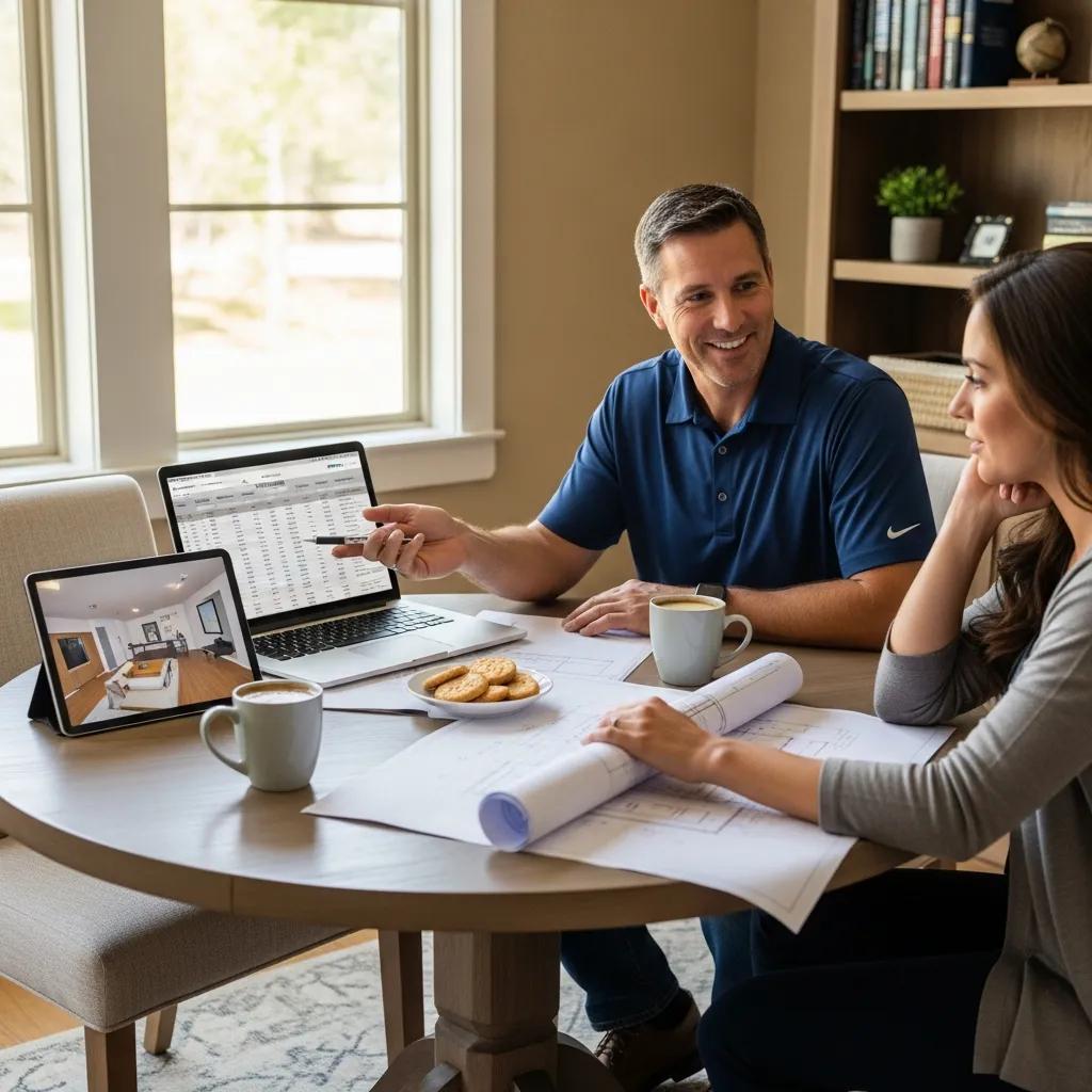 Homeowner consulting with contractor about financing options for basement renovation