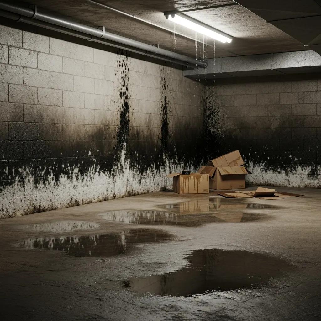 Indicators of water intrusion in a basement with damp walls and mold