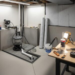 Modern basement waterproofing setup with sump pump and drainage systems