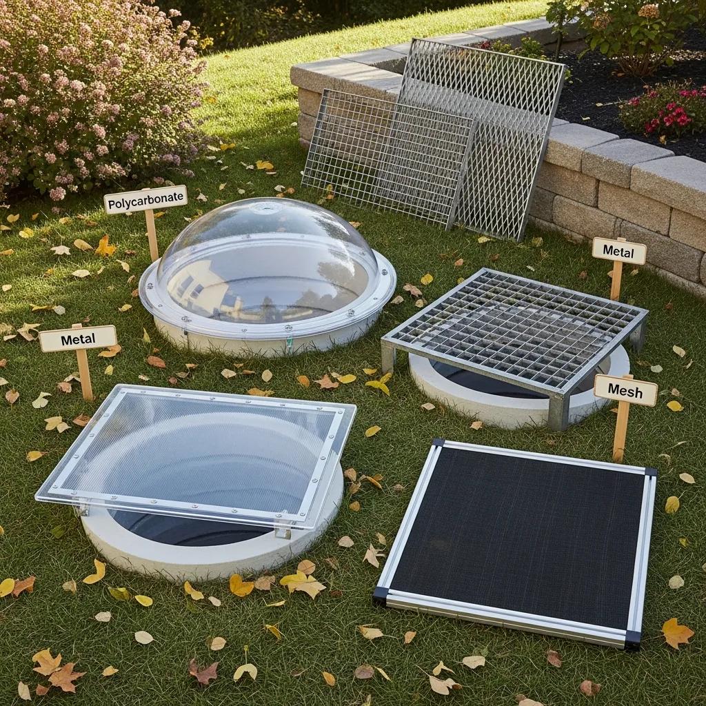 Variety of window well covers for egress windows in outdoor setting