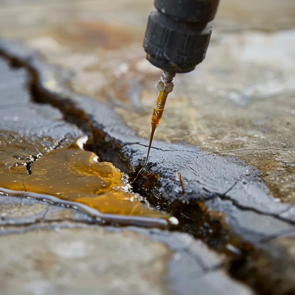 Epoxy injection process sealing a concrete crack with resin, restoring structural integrity in Greater Lansing, MI.