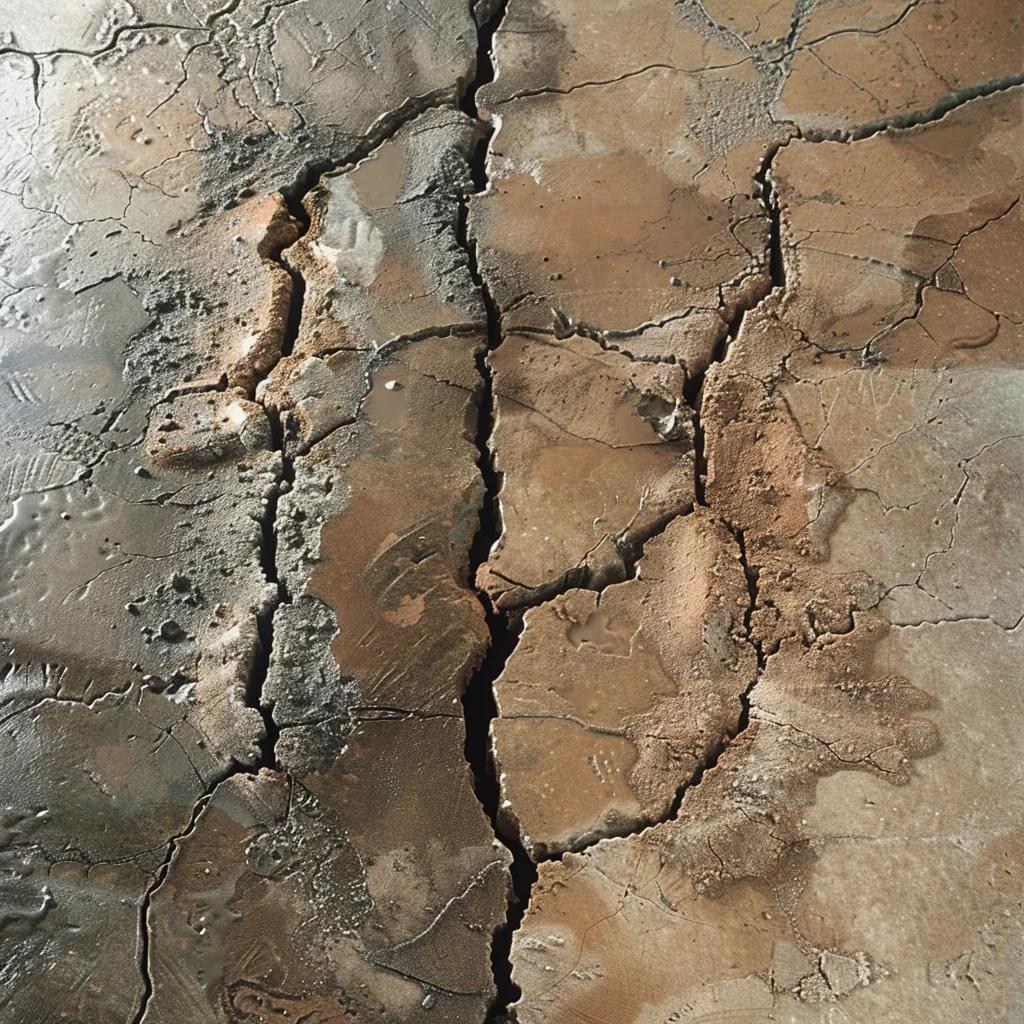 Close-up of a cracked concrete foundation wall, illustrating crack injection repair process.
