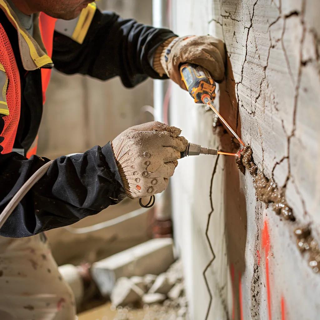 Contractor injecting sealant into poured concrete foundation crack for repair.