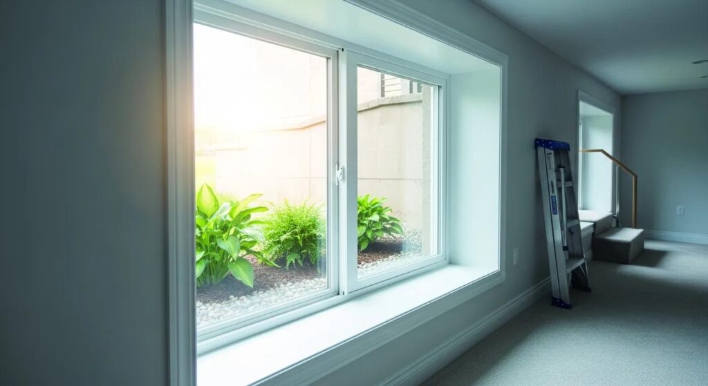 Newly installed egress window providing safe basement exit and natural light in Grand Ledge, MI.