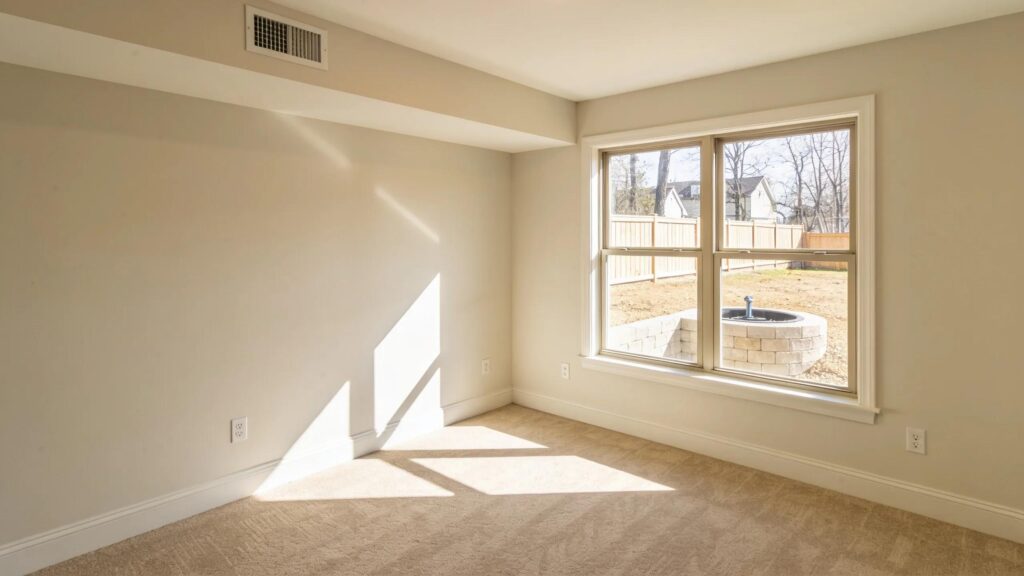 Finished basement with newly installed egress window and well, providing emergency escape route.