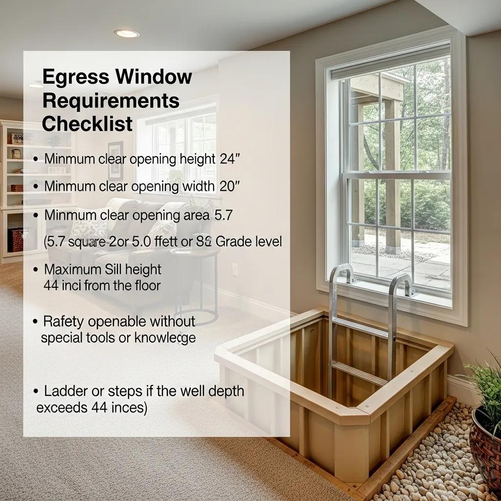 Egress window requirements checklist detailing minimum dimensions and safety features for basement egress windows in Greater Lansing, MI.