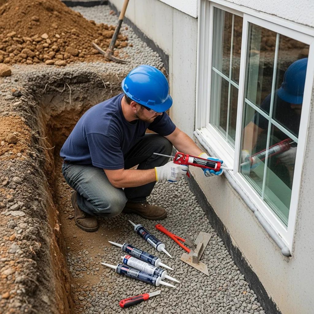 Contractor applying waterproof sealant around basement egress window for water intrusion prevention in Greater Lansing, MI.