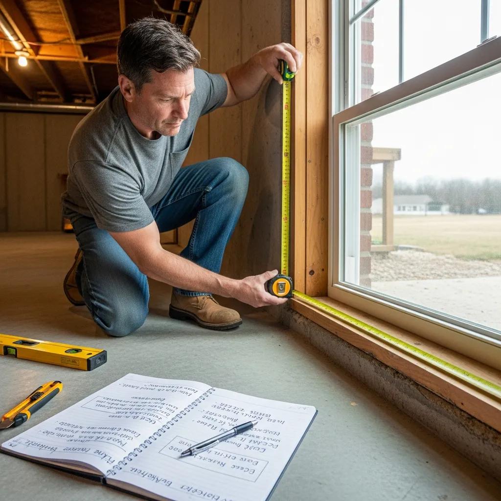 Contractor measuring egress window dimensions for Lansing building code compliance.