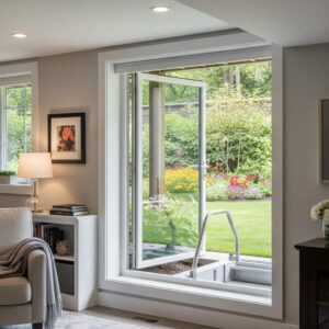 Modern egress window installation in a finished basement, providing emergency escape and natural light in
