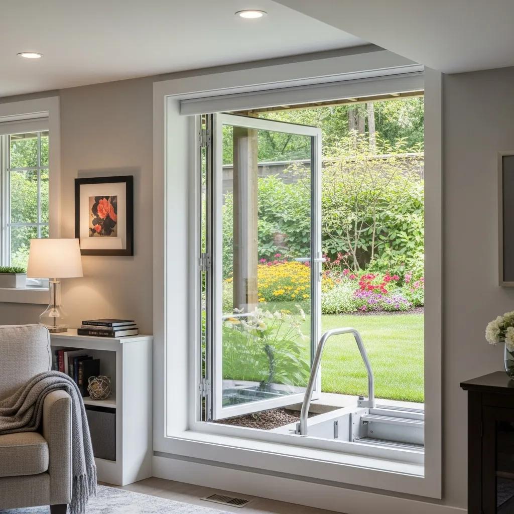 Modern egress window installation in a finished basement, providing emergency escape and natural light in