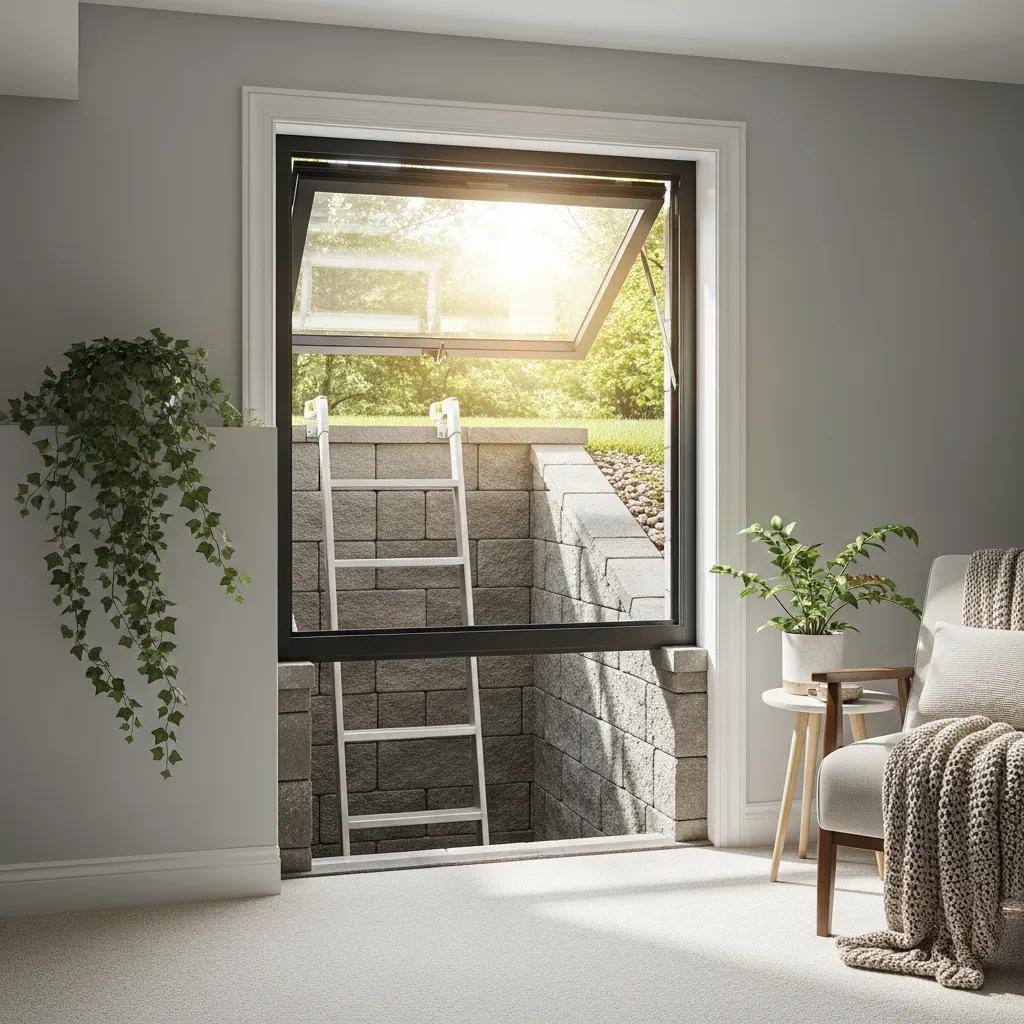 Modern egress window in a basement providing safe escape and natural light, compliant with Grand Ledge building codes.