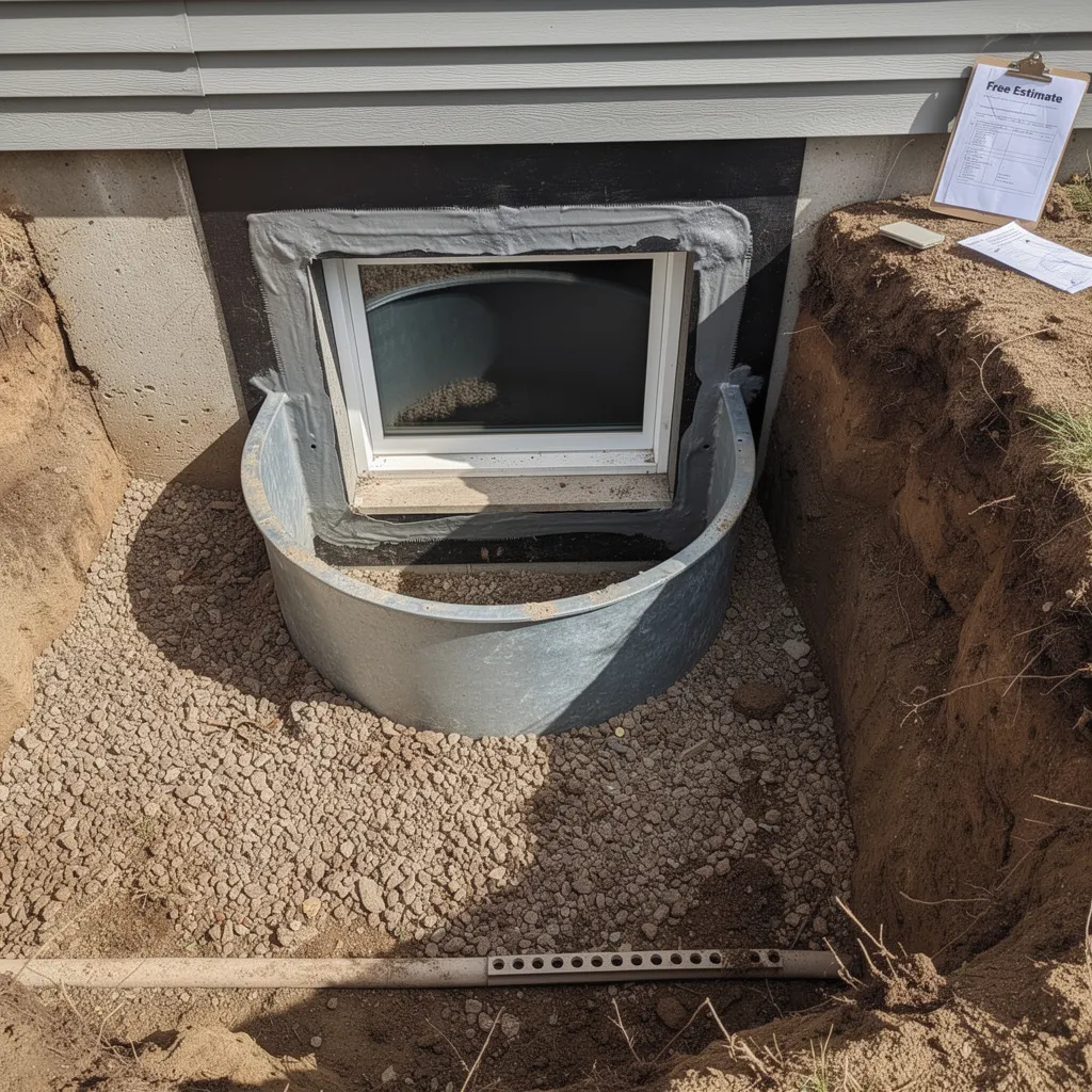 Newly installed egress window well with drainage and a free estimate sign.